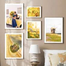1 pieza de girasol de primavera, molino de viento de limón, casa de campo, flores amarillas, paisaje, carteles, arte de pared, pintura en lienzo para pasillo, decoración interior del hogar, sin marco