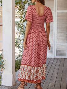 Robe évasée à manches courtes, col carré, imprimé floral élégant, été 2025 resort, pour femmes PoPoHouse