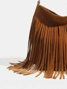 新款时尚秋冬复古麂皮纯色流苏女士小众手机包，西式/港式单肩斜挎多功能个性简约慵懒通勤旅行购物休闲日常百搭轻便棕色，最新时尚麂皮包，完美搭配女士秋季穿搭，2025新款秋季女装 - 棕色 - 查看 4