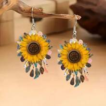 1 paire Boucles d'oreilles pendantes élégantes en acrylique motif tournesol pour femme, délicates boucles d'oreilles pendantes florales, légères et à la mode, double face, couleurs vives, style bohème, cadeau raffiné pour femme, festivals, été