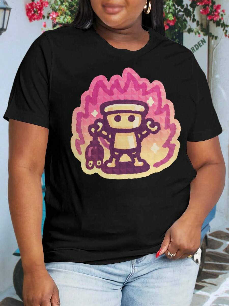 Overheating Chibi Robo Cute Fire Robot Women's Oversize Oversize Women T-Shirt - 黑色 - 查看 1