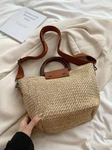 1 件时尚休闲通勤简约度假风格纯色草编轻便多功能通勤女士草编沙滩手提包适合户外度假旅游休闲购物与时尚服饰搭配