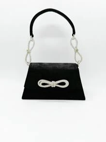 Sac du soir en velours de couleur unie minimaliste avec décoration de nœud en cristal, embrayage élégant pour fête pour femmes