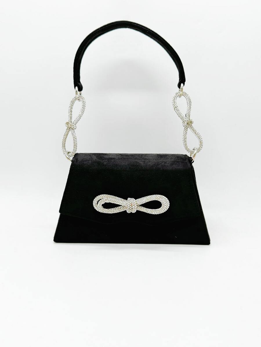 Sac du soir en velours de couleur unie minimaliste avec décoration de nœud en cristal, embrayage élégant pour fête pour femmes