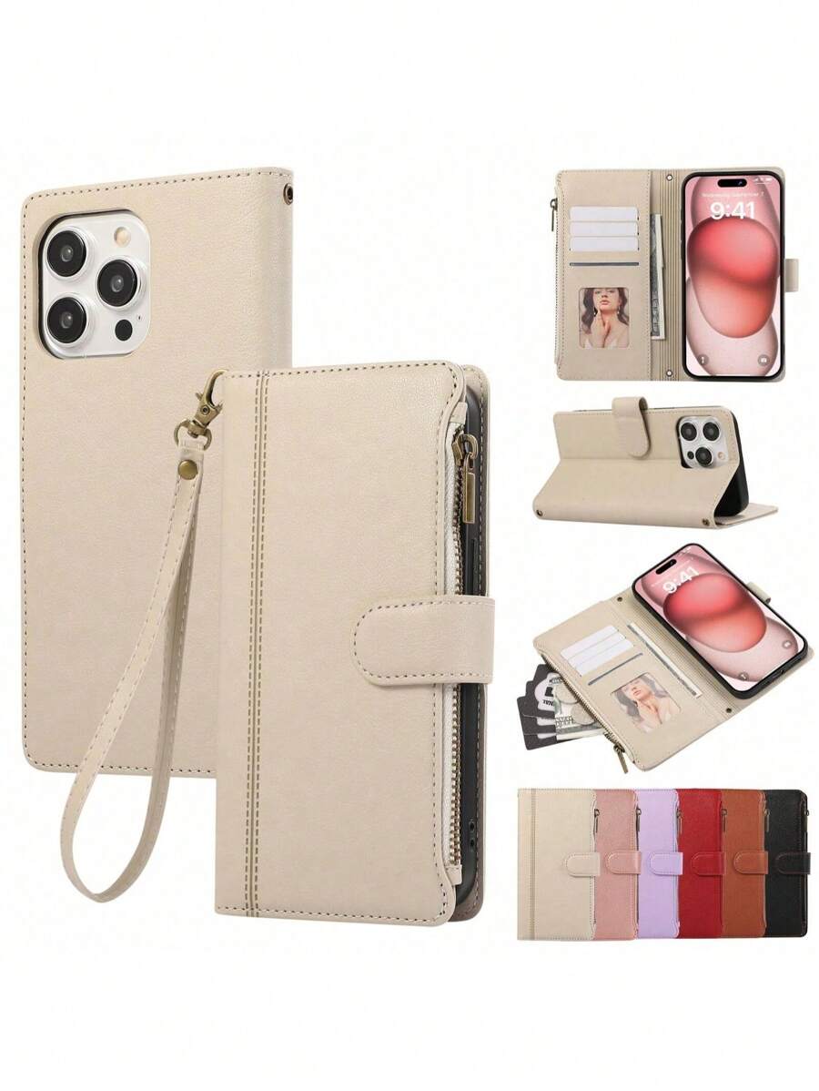 1 件时尚商务高档奢华拉链防摔防滑防尘多卡位压花款手机壳适用于 12 13 14 15 16promax GalaxyS22 S23 S24 防水防震防刮全覆盖 - 米色 - 查看 1