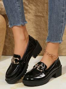 Bright Leather Loafers For Women 2024 New Soft Leather Versatile Metal Buckle College Small Leather Shoes Flat Shoes For Women - Black - View 3