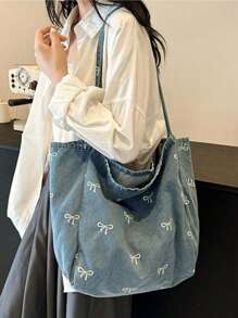 New Korean Casual Fashion Versatile Blue Highly Attractive Bow Washed Canvas Tote Bag For Commuting, Travel, Shopping, Student Back To School, Large Capacity Sweet Lady Handbag, Artistic Style School Bag & Book Bag For Women Or Students, Perfect For Books, Shopping, Back To School And More, Fashionable Bow Purse For Women