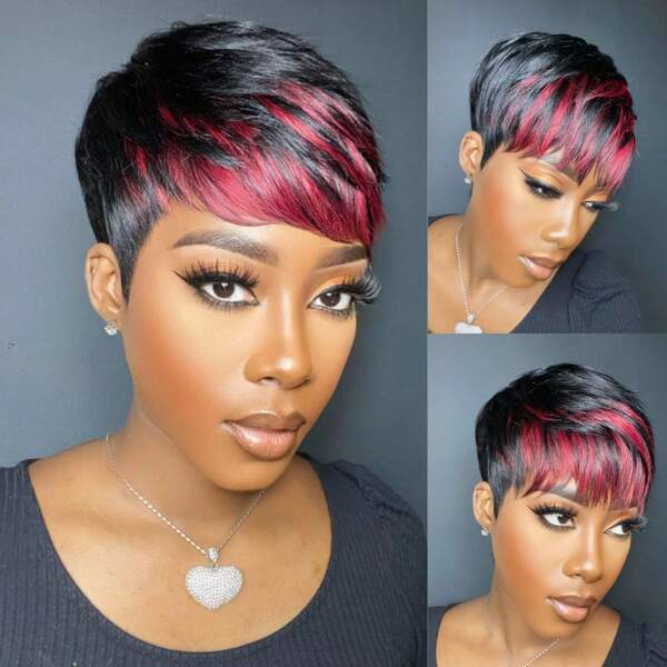 Pelucas sintéticas con mechas cortas, rectas, corte pixie, estilo bob. Ombre negro, rojo, borgoña para mujeres
