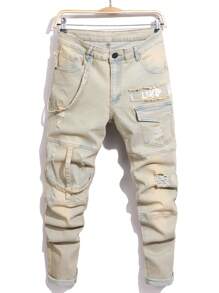 Men's Fashion Patchwork Biker Skinny Jeans - Champagne - View 1