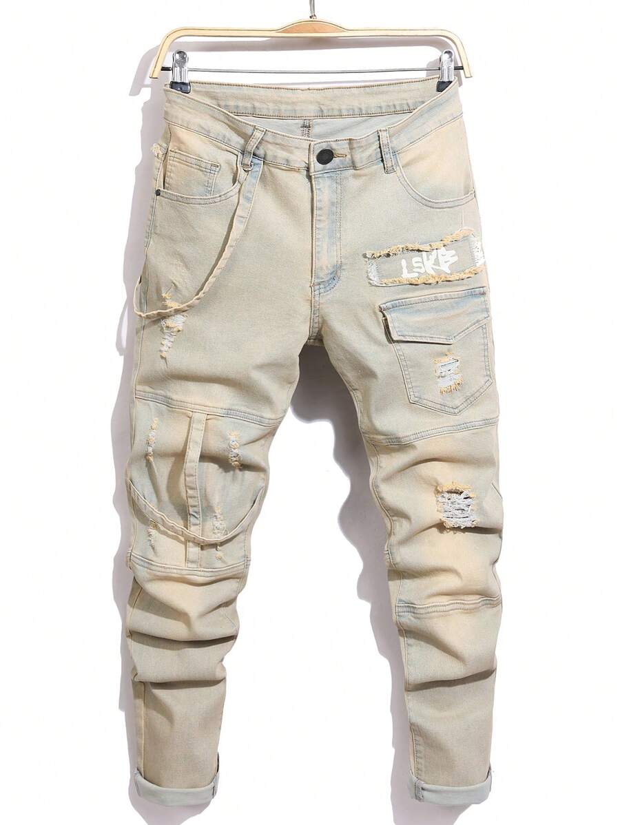 Men's Fashion Patchwork Biker Skinny Jeans - Champagne - View 1