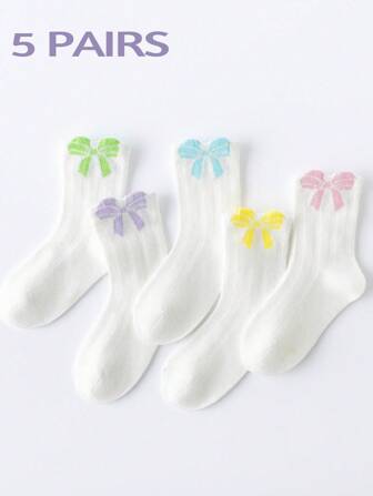 5 双女童蝴蝶结装饰白色袜子，网眼薄款浪漫淡色优雅风格袜子，适合春夏季，新款洛丽塔甜美公主儿童中筒袜，适合儿童、学生