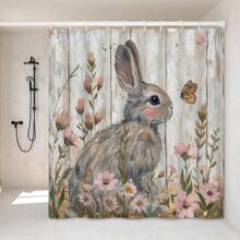 Cute Bunny Shower Curtain Easter Rabbits Bathroom Decor Spring Floral Flower Waterproof Curtains - Multicolor - View 1