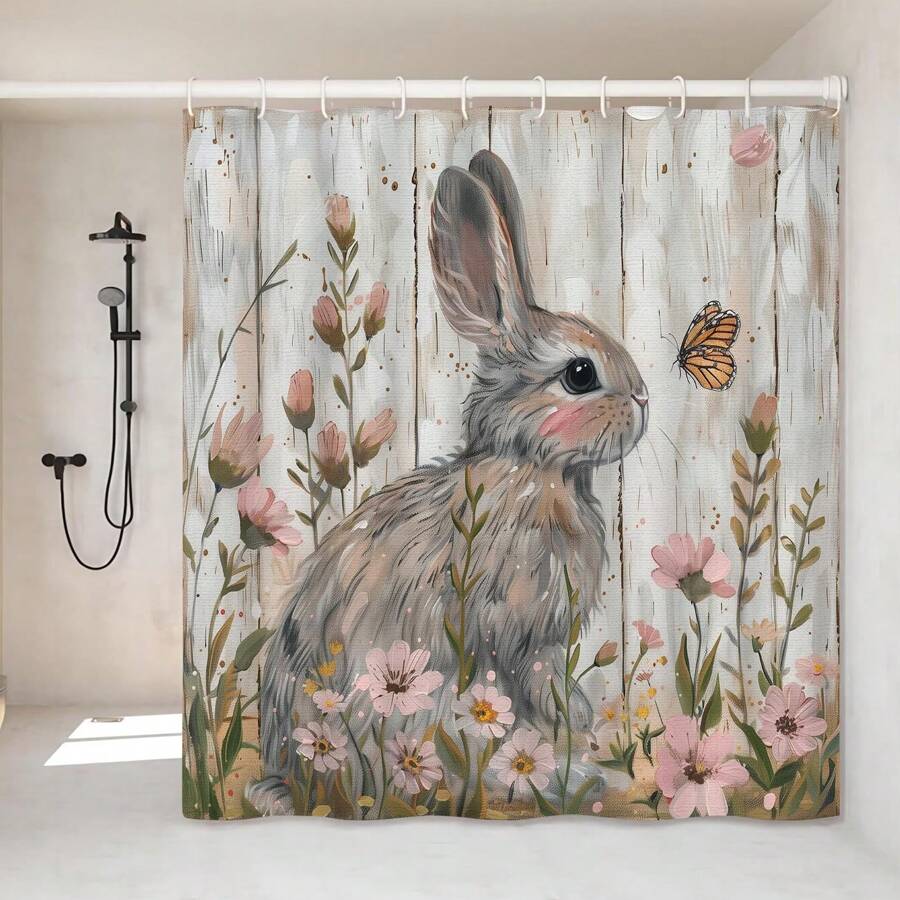 Cute Bunny Shower Curtain Easter Rabbits Bathroom Decor Spring Floral Flower Waterproof Curtains - Multicolor - View 1