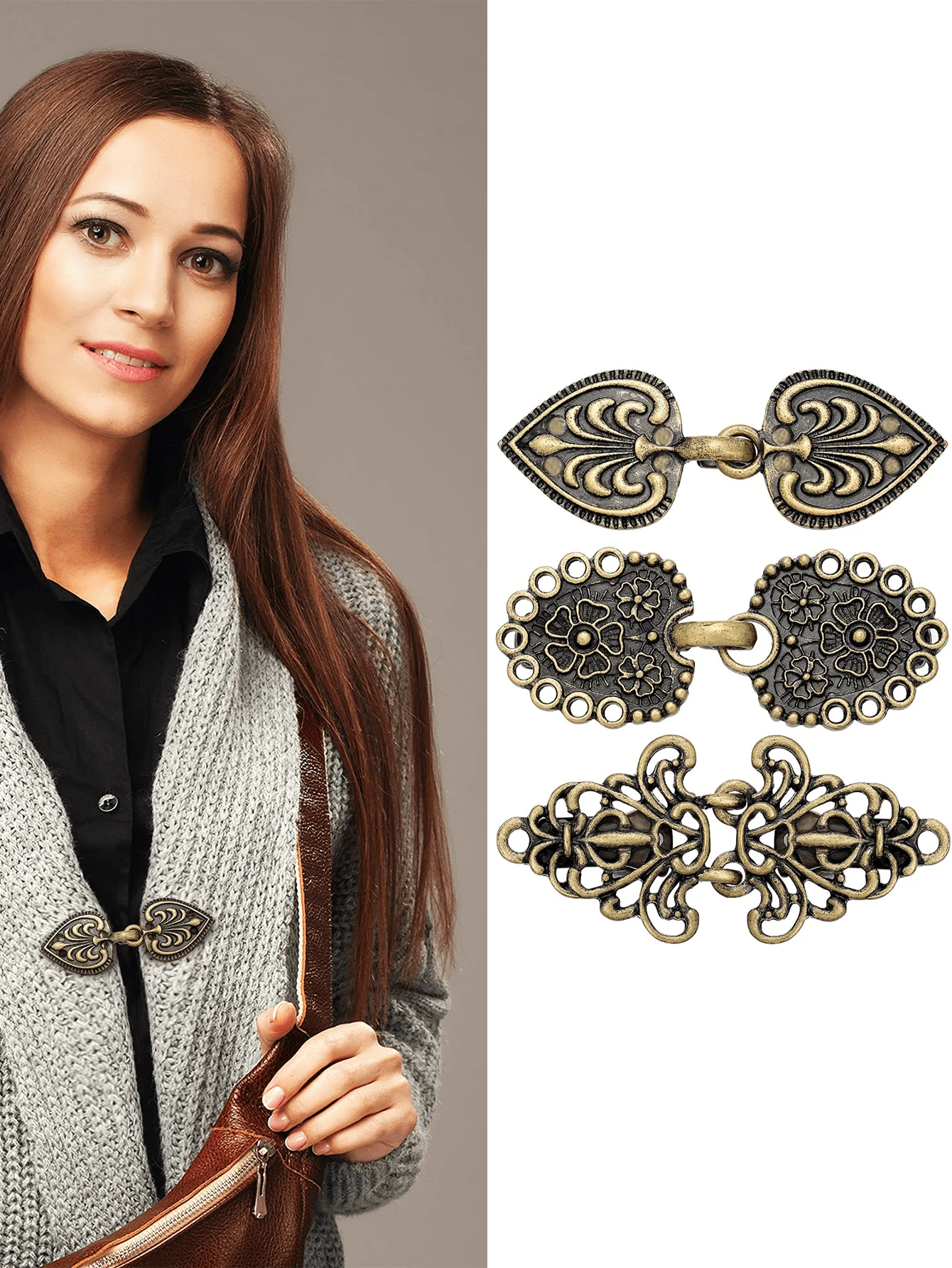 Yanxyad 1/3 件复古毛衣披肩夹复古腰衣夹腰带扣围巾夹和古铜色花朵图案胸针，适用于服装、围巾扣合金服装胸针、腰带夹、衬衫胸针夹、胸针夹礼品 - 銅色 - 查看 1