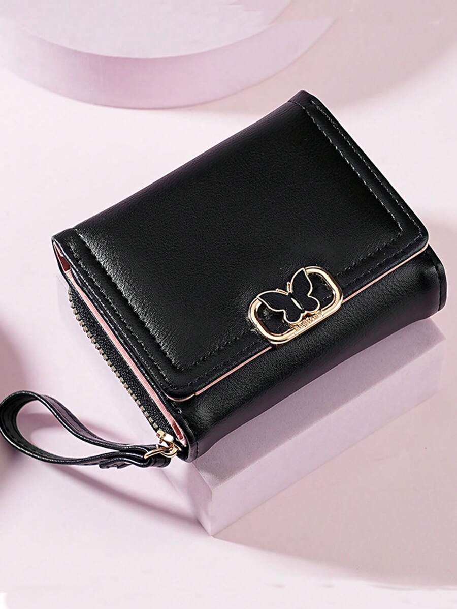 Women's Short Zipper Tri-Fold Wallet Butterfly Metal Decor Fashion New Multi-Card Slots Handbag Coin Purse Wallet Purse Wallet Mini Wallet Small Wallet - Black - View 1