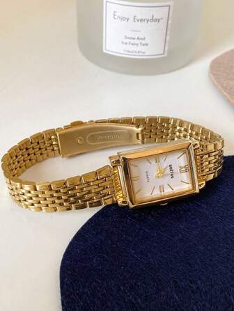 New Square Shaped Gold Color Watch For Women, Minimalist & Fashionable, Casual & Versatile, Lightweight Stainless Steel Band Quartz Watch, Adjustable Strap Length