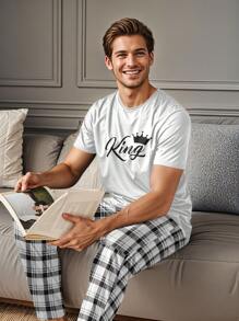 1 Set Men's Pajama Set Including 1 Plaid Long Pants And 1 White Short Sleeve T-Shirt With "King" Print