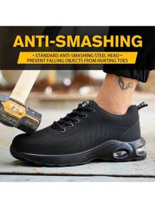 Letnie buty z poduszką powietrzną, wygodne, oddychające trampki robocze dla mężczyzn i kobiet, buty z metalowymi noskami, buty ochronne z zabezpieczeniem przed przebiciem i rozbiciem, unisexowe buty robocze - Czarne - Zobacz 5