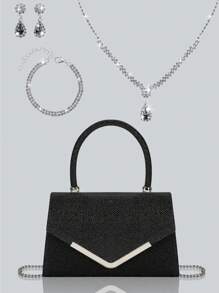 轻巧、商务、休闲时尚女士翻盖晚宴包，配有闪亮的奢华水钻吊坠项链、手链、耳环四件套，华丽精致的派对手提包，是派对女孩、新娘、大学生的完美钱包，配有可拆卸金属链的单肩斜挎包，非常适合舞会、宴会、派对、婚礼、节日派对 - 彩色 - 查看 14