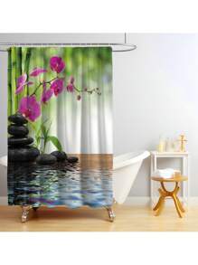 1pc/4pcs Bamboo Waterfall Pattern Shower Curtain Set, Waterproof Shower Curtain With 12 Hooks, Bathroom Rug, U-Shape Toilet Mat, Toilet Lid Cover, Bathroom Divider, Bathroom Accessories, Bathroom Decor