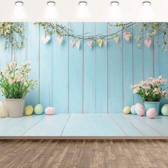 1 件复活节派对背景横幅 - 蓝色木质墙壁和地板设计，多种尺寸，涤纶材料，适用，复活节背景春季装饰。