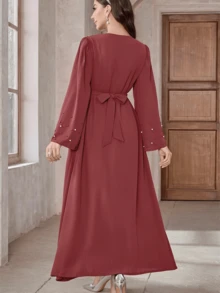 Elegant Solid Color Turkish Style Women's Long Robe Robe, Pearl Embellished Long Sleeve With Belt Abaya,Modest - Rusty Rose - View 3