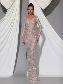 Modphy 手工亮片和水钻装饰透视网眼拼接 V 领长袖紧身连衣裙，正式伴娘婚礼宾客礼服，派对礼服，晚礼服 - 杏色 - 查看 2