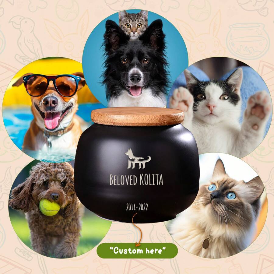 1pc Personalized Ceramics Pet Urn With Bamboo Top & Cloth Top, Customized Porcelain Pet Urn Engraved With Name, Text And Icon, Ideal Urns For Dogs & Cats, Pottery Ashes Container, Dog Urn, Cat Urn, Pet Memorial Art, Pet Loss Gifts