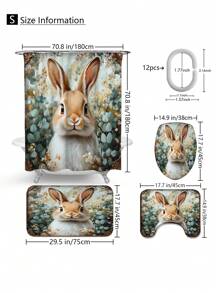 1 件/4 件圣帕特里克节兔子和桉树叶印花浴室窗帘套装，防水浴帘，带 12 个挂钩，浴室垫，U 型马桶盖，浴室装饰