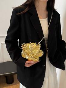 A Golden Solid Color Crossbody Shoulder Bag With Detachable Chain, Magnetic Buckle Unlined Handbag, Y2K Style Acrylic Flower Dinner Bag, Suitable For Women, Exquisite Floral Bag For Women , Gold Bag - Gold - View 10