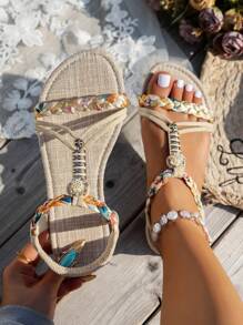 WRCVS صنادل شاطئ صيفية للنساء بكعب مسطح من القماش المنسوج خفيفة الوزن مانعة للانزلاق، ذات نموذج بوهيمي عشوائي بنقشة حبل وبأنماط رجعية، بطرف دائري مناسبة للطالبات