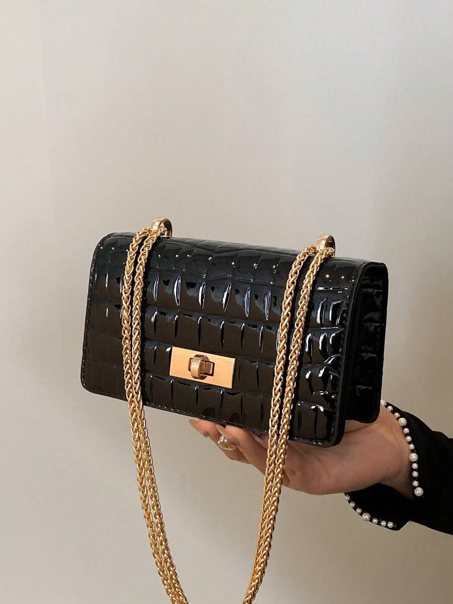 仿皮纯色鳄鱼压纹时尚迷你链条肩带单肩包 - 黑色 - 查看 1