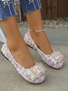 New Fashion Versatile Mary Jane Flats With Colorful Metallic Flower Buckle Decor, Round Toe, Casual Slip-On Soft Bottom Ballet Shoes For Women, Random Pattern - Pastel - View 3