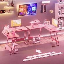 L-Shaped Gaming Desk 51.2 Inches Corner Office Desk With Removable Monitor Riser, Black - Pink - View 4