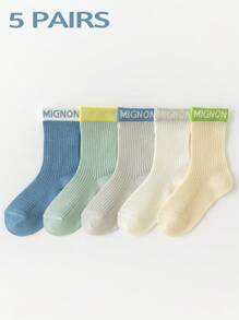 5 Pairs Boys Thin Mesh Vertical Stripe & Letter Pattern Crew Socks, Fresh Colors, Breathable, Lightweight, Elastic, Ankle Height, Suitable For Spring/Summer