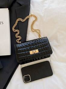 Faux Leather Solid Crocodile Embossed Fashion Mini Chain Strap Shoulder Bag