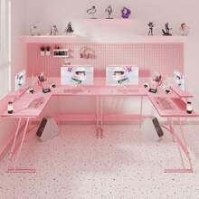 L-Shaped Gaming Desk 51.2 Inches Corner Office Desk With Removable Monitor Riser, Black - Pink - View 8