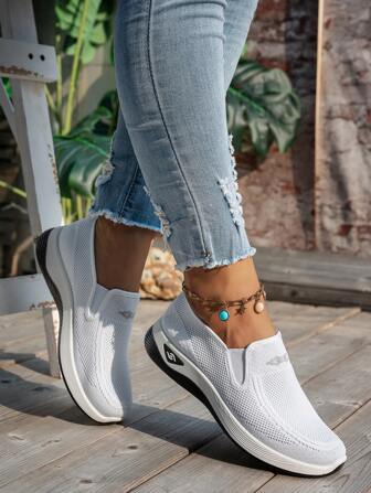 女士纯色透气休闲运动鞋，软底轻便一脚蹬步行鞋，低帮针织休闲鞋