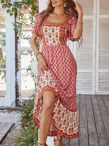 Robe évasée à manches courtes, col carré, imprimé floral élégant, été 2025 resort, pour femmes PoPoHouse