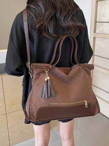 Minimalist Women Bicolor Tassel Zipper Decor Tote Bag - Coffee Brown - View 10