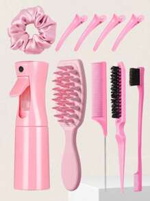 1/3/7/10 piezas Masajeador cabelludo de silicona, peine de cola de rata y set de cepillo de limpieza de cabello con botella rociadora. El cepillo de limpieza y masaje está equipado con cerdas suaves, ganchos para el cabello de cocodrilo, lazos elásticos de satén y un cepillo para el cabello con control de bordes. Es una herramienta de cuidado del cabello adecuada para todo tipo de cabello. Es un imprescindible para viajar y un regalo perfecto para niños. Es adecuado para uso diario y para vacaciones. - Morado - Ver 2