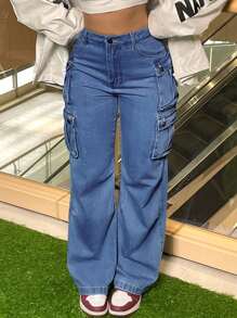 Women's Plus Size Cargo Jeans - Straight Leg Workwear Denim Pants With Utility Pockets, Streetwear Oversized Tactical Pants For Curvy Women, Comfort Stretch Wide Leg - 深色水洗藍 - 查看 5