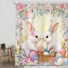 Spring Easter Bunny Shower Curtains For Bathroom, Cute Rabbits Eggs Floral Plant Watercolor Flower Bath Curtain Home Bathroom Bathtubs Decor Home Bathroom Decor Bathroom Accessories Back To School