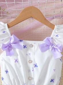 Young Girl Two Pieces Suspender Shorts Bow Purple Flower Print Fresh Suit - Purple - View 3
