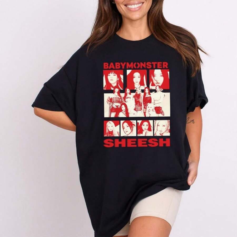 Shirt Sheesh, O Monsters World Tour-Shirt, Shirt Album, Shirt , Shirt , Kpop-Shirt, Baby Monster Shirt Kpop - 黑色 - 查看 1
