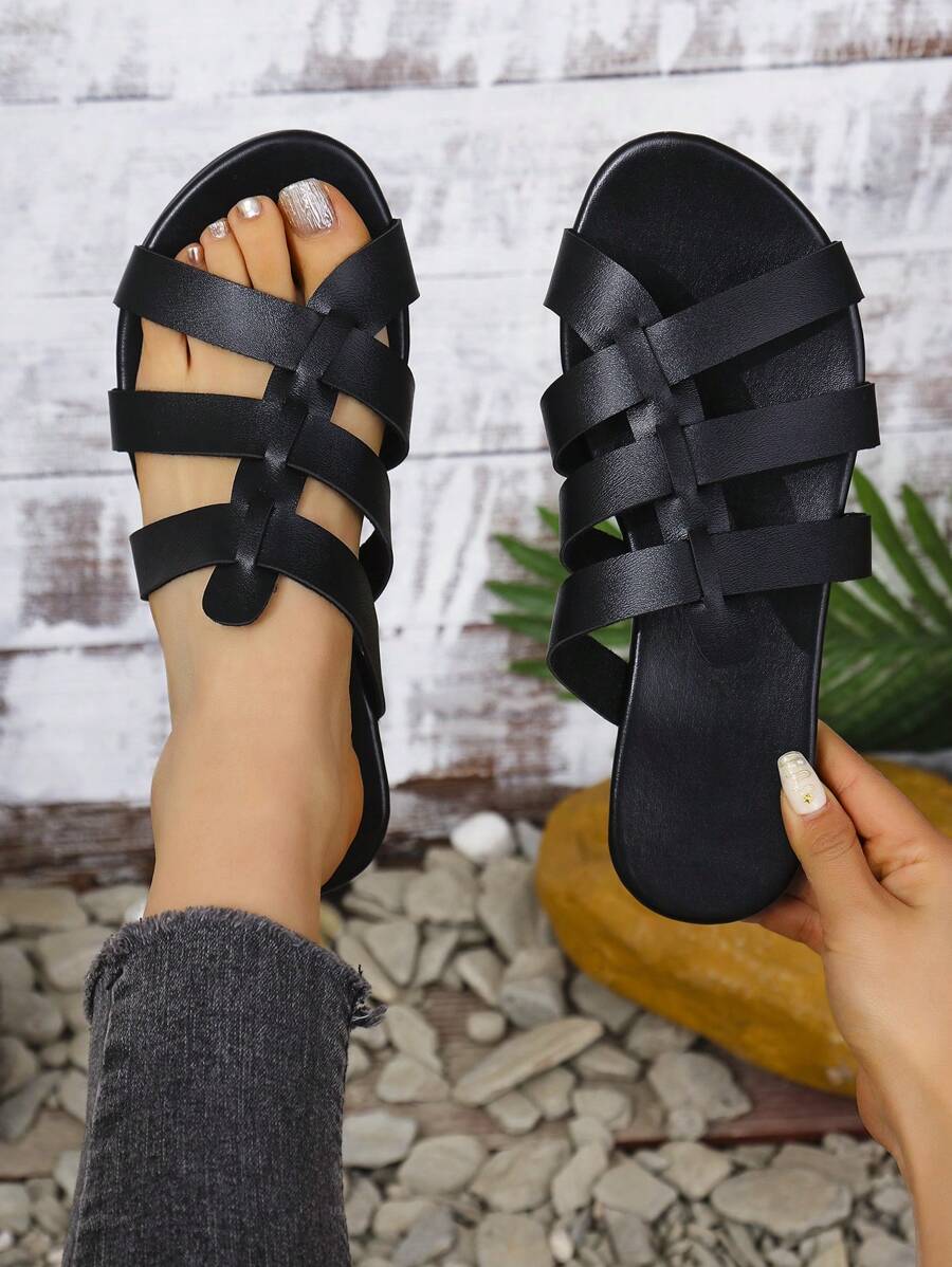 Summer Flat Sandals Beach Slippers For Women, Plus Size, Comfortable Breathable Hollow Out Design, Versatile & Minimalist