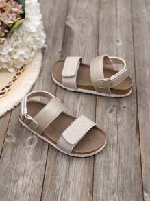 Girls' Lightweight Comfortable Casual Soft Cork Slide Sandals With Hook & Loop Open Toe - Apricot - View 4
