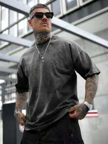 Shwiy Men's Washed Black Short Sleeve T-Shirt, Minimalist Dystopian Style Suitable For Daily, School, Casual Wear, Emo, 2000s Style - Black - View 1