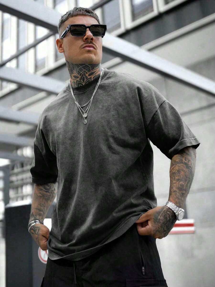 Shwiy Men's Washed Black Short Sleeve T-Shirt, Minimalist Dystopian Style Suitable For Daily, School, Casual Wear, Emo, 2000s Style - Black - View 1