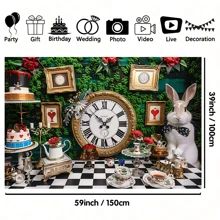 1件装魔法茶会摄影背景布 - 优雅的格子图案和兔子设计，涤纶材质，适用于生日蛋糕桌、庆祝活动、仙境主题、派对摄影背景 - 彩色 - 查看 8